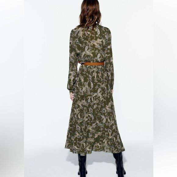ZARA BNWT GREEN PAISLEY PRINT MIDI SHIRT DRESS BELTED. - Picture 3 of 10